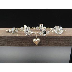 8" Sterling Silver Rustic Faux Stone Heart Charm Bracelet Vintage Elegant